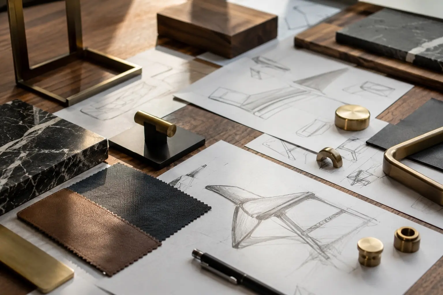 Design sketches, fabric swatches and brass hardware on a desk