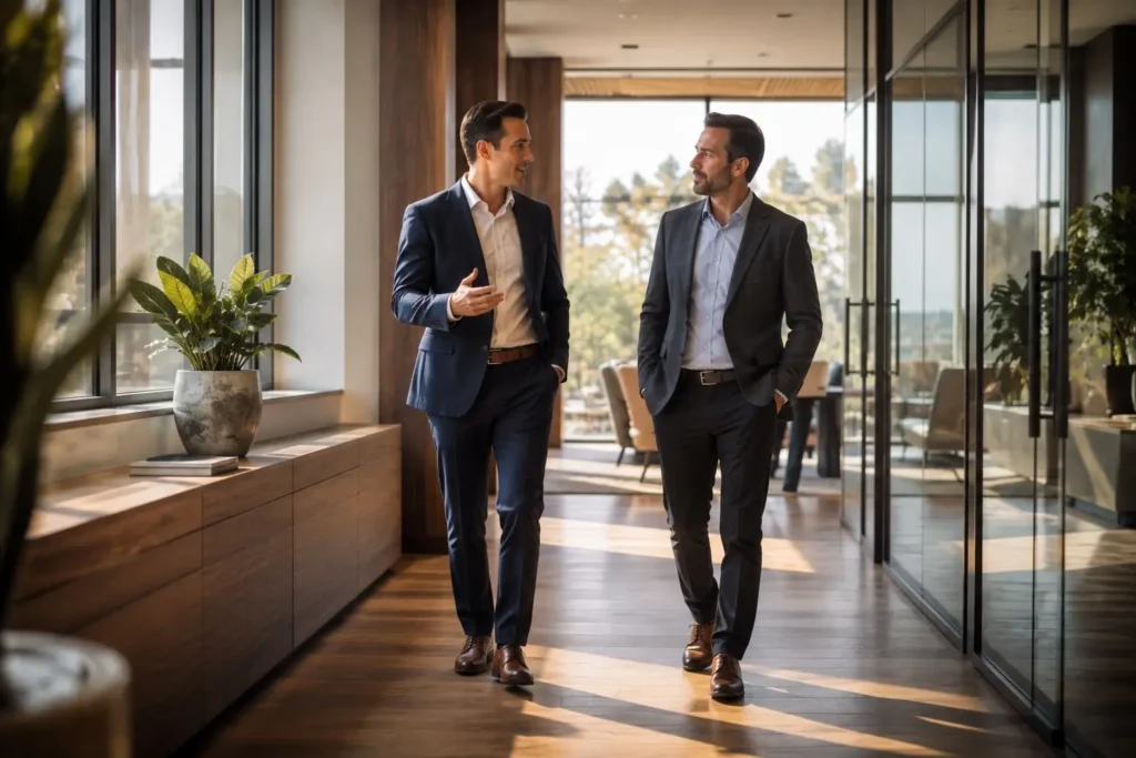 Two colleagues talking as they walk through an office