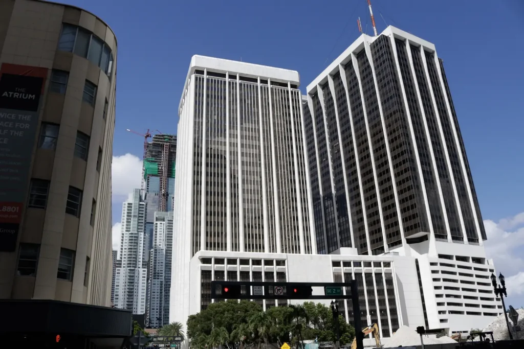 Downtown office towers seen from the street